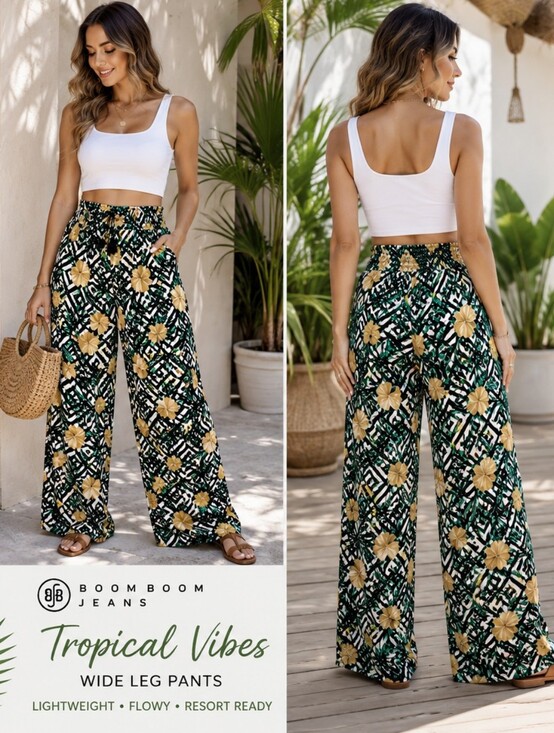Boom Boom Jeans Pants - Boom Boom Jeans Tropical Rayon Wide Leg Palazzo Pants L